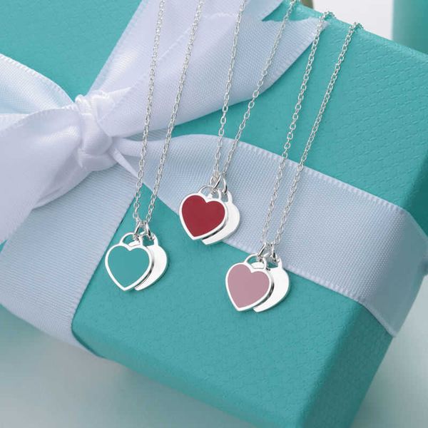 designer necklace t family double love enamel female heart peach gold lock bone chain small design blue pink tiffaniess, Silver