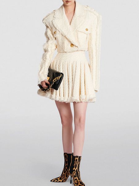 high-quality star with the same two piece dress tweed tassel lion button short blazer and pleated skirt, White
high-quality star with the same two piece dress tweed tassel lion button short blazer and pleated skirt, White