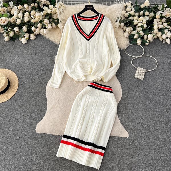 two piece dress autumn winter england knitted twist two piece set women preppy style v neck loose pulover sweater + midi striped skirt outfi, White
two piece dress autumn winter england knitted twist two piece set women preppy style v neck loose pulover sweater + midi striped skirt outfi, White