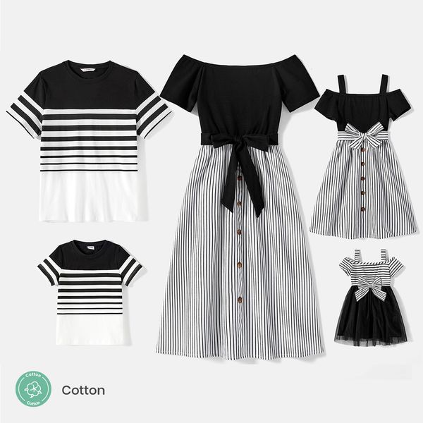 family matching outfits patpat cotton striped short sleeve t shirts and off shoulder belted spliced dresses sets 230826, Blue
family matching outfits patpat cotton striped short sleeve t shirts and off shoulder belted spliced dresses sets 230826, Blue