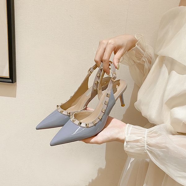 pointed toe baotou shallow mouth single shoes shoes naked luxury lacquer leather riveted high heels slim heels size 34-40, Black
pointed toe baotou shallow mouth single shoes shoes naked luxury lacquer leather riveted high heels slim heels size 34-40, Black