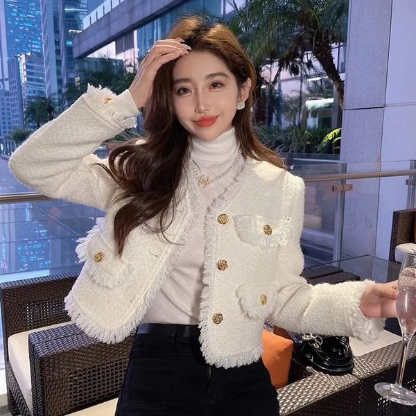 women's wool blends autumn short korean tweed jacket women long sleeve small chic female elegant woolen coat woman 230826, Black
women's wool blends autumn short korean tweed jacket women long sleeve small chic female elegant woolen coat woman 230826, Black