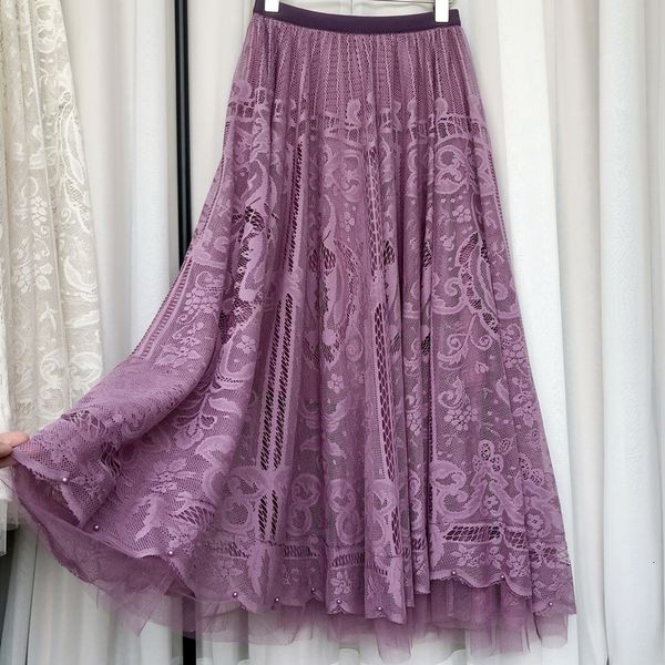 skirts summer lace skirt women high waist solid color hollow out mesh patchwork pearl a line elegant style long fashion 230828, Black 
skirts summer lace skirt women high waist solid color hollow out mesh patchwork pearl a line elegant style long fashion 230828, Black