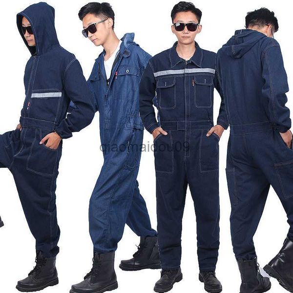 Image of Protective Clothing Welding Clothing Denim Hooded Overalls Dust Proof Electric Worker Uniform Painter Coveralls repairmen work jumpsuits welder suit HKD230825