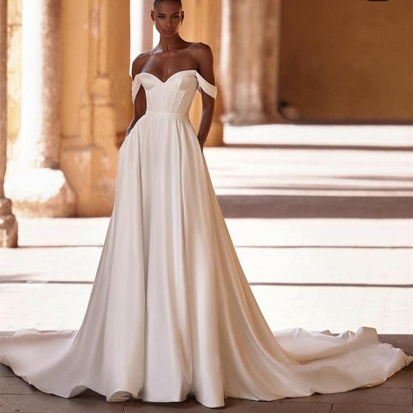 simple long off shoulder satin wedding dresses with pockets a-line ivory pleats lace up back sweep train bridal gown vestido de novia women, White
simple long off shoulder satin wedding dresses with pockets a-line ivory pleats lace up back sweep train bridal gown vestido de novia women, White