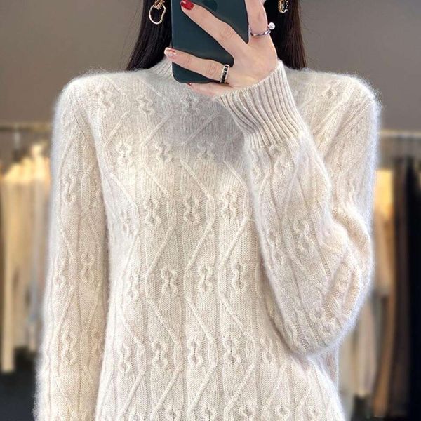 autumn and winter half turtleneck woolen sweater womens loose jacquard short bottom outer wear, White;black
autumn and winter half turtleneck woolen sweater womens loose jacquard short bottom outer wear, White;black