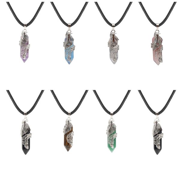 new design crystal healing hexagonal stone columnar black genuine pu leather wax rope cord gem pendant necklace, Silver
new design crystal healing hexagonal stone columnar black genuine pu leather wax rope cord gem pendant necklace, Silver