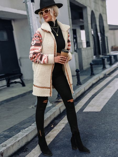 womens wool blends cardigan grainy color blocking printing lapel long splicing zipper plush coat winter women and blouses 230828, Black
womens wool blends cardigan grainy color blocking printing lapel long splicing zipper plush coat winter women and blouses 230828, Black