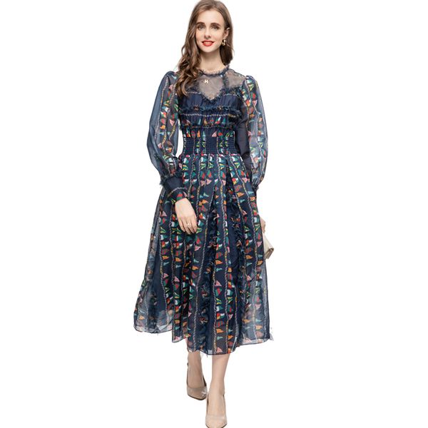 women's runway dresses o neck long sleeves printed elastic waist fashion ball gown organza vestidos, Black
women's runway dresses o neck long sleeves printed elastic waist fashion ball gown organza vestidos, Black