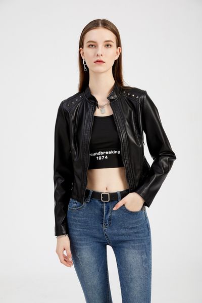 2023 autumn winter women's pu leather jackets stand collar zip rivet spliced woman's faux fur short slim coats nxhp009, Black
2023 autumn winter women's pu leather jackets stand collar zip rivet spliced woman's faux fur short slim coats nxhp009, Black