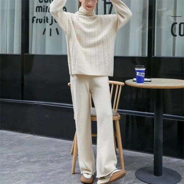 two piece knitted turtleneck sweater for women autumn and winter design simple style wide legged pants loose set, White;black
two piece knitted turtleneck sweater for women autumn and winter design simple style wide legged pants loose set, White;black