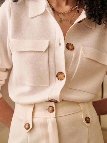 womens knits tees multicolors turndown collar sweater ladies long sleeve safari style simple knit cardigan with double pockets knitwear 2308, White
womens knits tees multicolors turndown collar sweater ladies long sleeve safari style simple knit cardigan with double pockets knitwear 2308, White