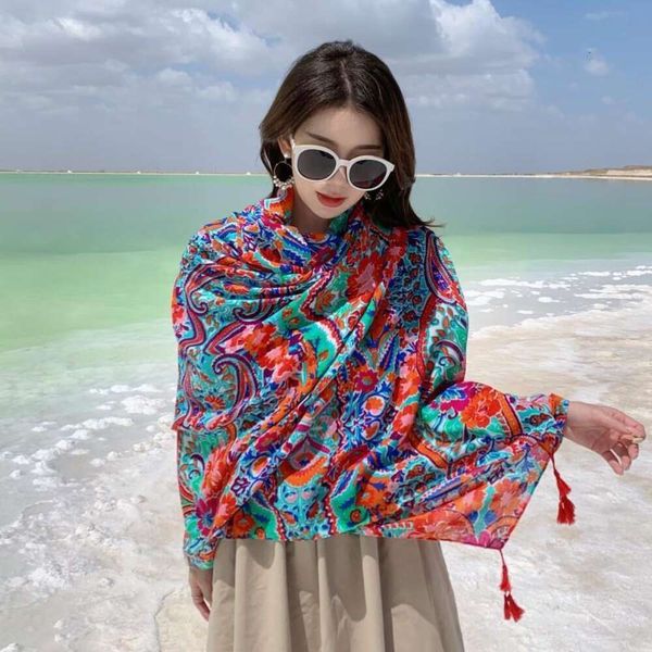 spring and autumn style red cashew flower scarf womens long tasseled shawl qinghai travel sunscreen, Blue;gray
spring and autumn style red cashew flower scarf womens long tasseled shawl qinghai travel sunscreen, Blue;gray