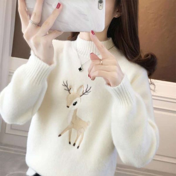 winter embroidered sweater for women half high collar college style all matching cartoon sweet girl dress student, White;black
winter embroidered sweater for women half high collar college style all matching cartoon sweet girl dress student, White;black