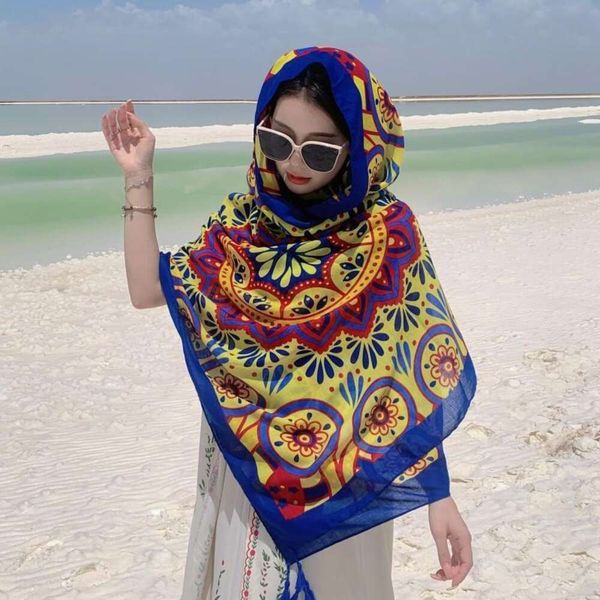 national style blue and yellow neckerchiefs geometric floral print cotton linen scarf travel with a sunblock shawl, Blue;gray
national style blue and yellow neckerchiefs geometric floral print cotton linen scarf travel with a sunblock shawl, Blue;gray
