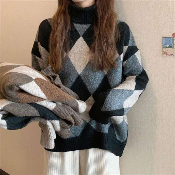 spring and autumn womens sweaters korean retro lazy style diamond plaid color matching thick warm loose turtleneck, White;black
spring and autumn womens sweaters korean retro lazy style diamond plaid color matching thick warm loose turtleneck, White;black
