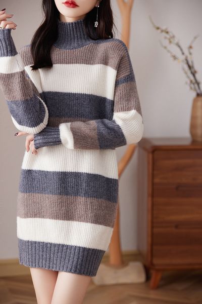 womens sweaters mid length thickened sweater classic high neck contrast stripe long pullover 100% wool winter warm dress versatile 230828, White;black
womens sweaters mid length thickened sweater classic high neck contrast stripe long pullover 100% wool winter warm dress versatile 230828, White;black
