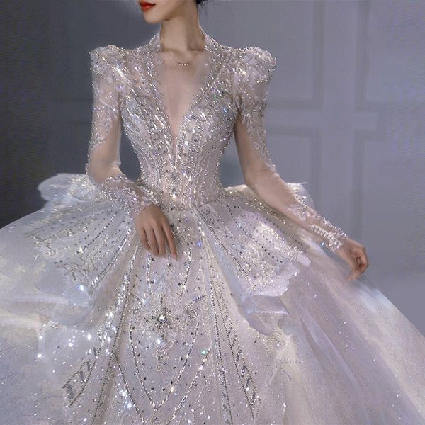 arabic long sleeves wedding dresses v neck luxury lace applique sweep train a line covered buttons back wedding bridal gown crystal princess, White
arabic long sleeves wedding dresses v neck luxury lace applique sweep train a line covered buttons back wedding bridal gown crystal princess, White