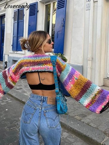 women s sweaters female fashion o neck backless knit sweater sweet rainbow striped long sleeve short pullover 2023 lady casual chic knitwear, White;black
women s sweaters female fashion o neck backless knit sweater sweet rainbow striped long sleeve short pullover 2023 lady casual chic knitwear, White;black