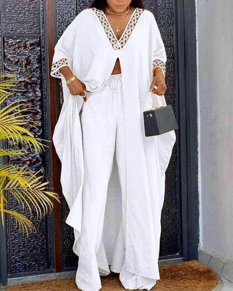 women's two piece pants contrast lace high slit longline pants set women solid color spring summer clothing suit blouse high waist pan, White
women's two piece pants contrast lace high slit longline pants set women solid color spring summer clothing suit blouse high waist pan, White