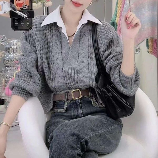 french polo womens sweaters collar fake two piece design niche sweater slim fit all matching temperament top, White;black 
french polo womens sweaters collar fake two piece design niche sweater slim fit all matching temperament top, White;black