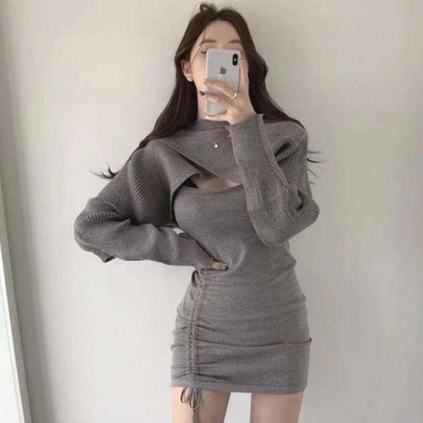 

autumn and winter design irregular short sweater dress hip drawstring an adjustable for women, White;black