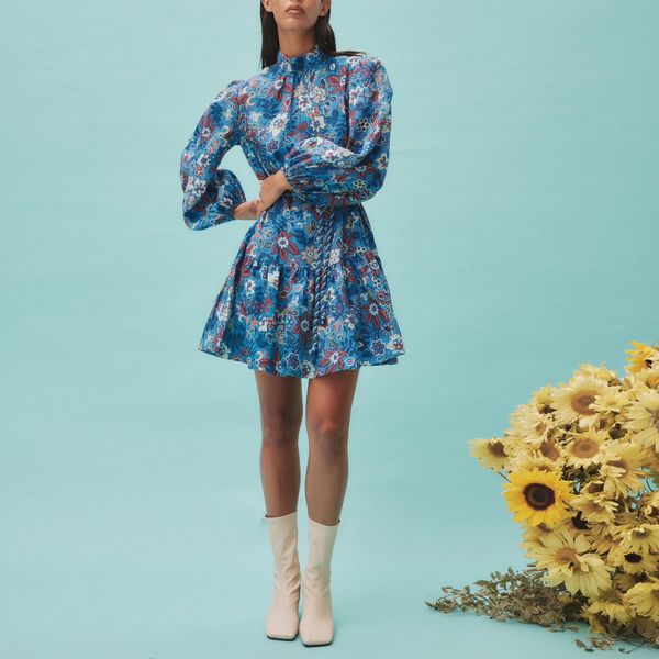 australian designer dress blue linen lantern sleeve floral printed mini dress, Black;gray
australian designer dress blue linen lantern sleeve floral printed mini dress, Black;gray