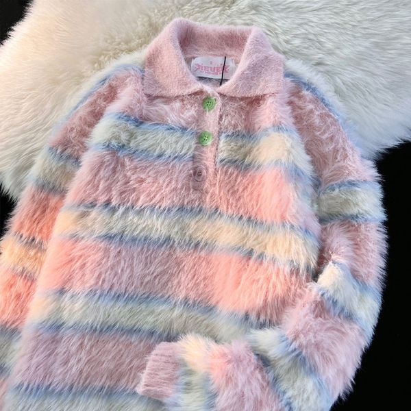 women s sweaters rainbow color sweet and fresh design feeling half open button sweater womens loose lazy wind winter fashion 230829, White;black
women s sweaters rainbow color sweet and fresh design feeling half open button sweater womens loose lazy wind winter fashion 230829, White;black