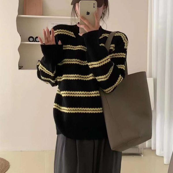 autumn and winter sweater thickened medium long striped for women, White;black
autumn and winter sweater thickened medium long striped for women, White;black