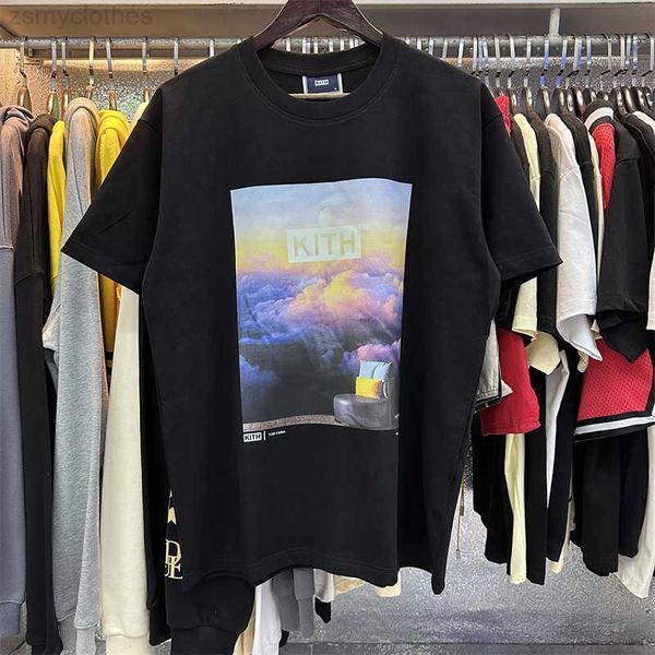 

Mens T-Shirts Good Quality Kith Sunset Clouds Sea Fashion T-Shirt Men Couple Loose Black White Apricot Women Tee Mens Clothing, 3_color