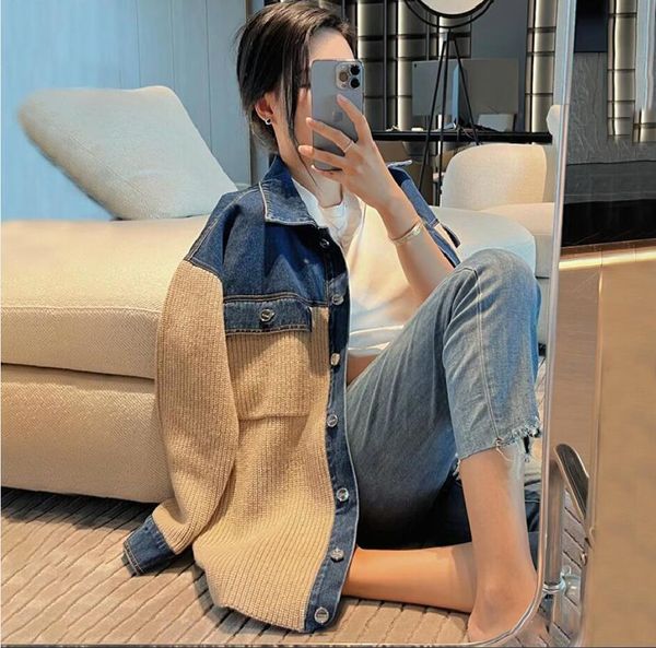 early autumn 23- new women's designer sand-ro denim knitted panel shirt polo collar cardigan single breasted long sleeve loose coat, Black;brown
early autumn 23- new women's designer sand-ro denim knitted panel shirt polo collar cardigan single breasted long sleeve loose coat, Black;brown