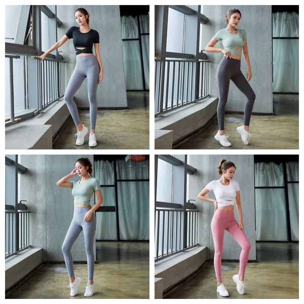 new yoga suit set women's fitness pants cross button short sleeve t-shirt casual sports set, White;red
new yoga suit set women's fitness pants cross button short sleeve t-shirt casual sports set, White;red