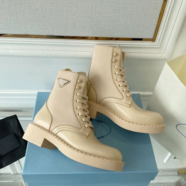 beige calf leather trim patchwork nylon ankle combat boots lace-up vamp rounded toe flat side logo triangle flats booties luxury designer fo, Black
beige calf leather trim patchwork nylon ankle combat boots lace-up vamp rounded toe flat side logo triangle flats booties luxury designer fo, Black
