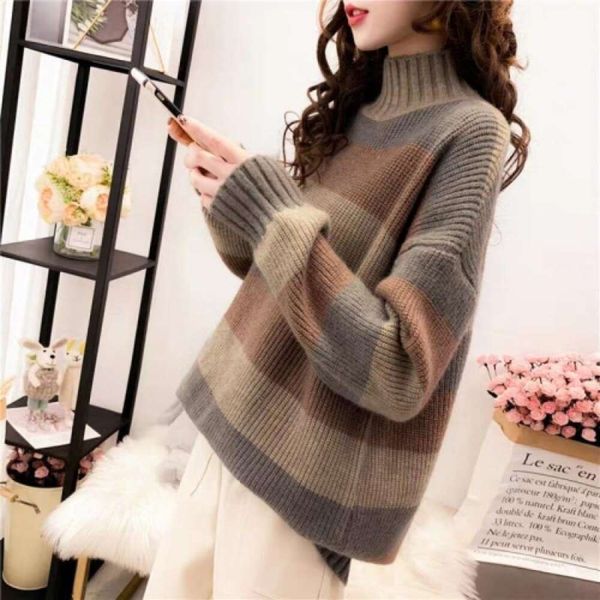 thickened half turtleneck sweater womens pullover autumn and winter striped loose lazy wind super top, White;black
thickened half turtleneck sweater womens pullover autumn and winter striped loose lazy wind super top, White;black