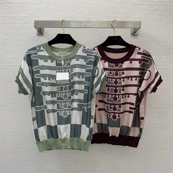 23ss knit t shirt women designer clothe silk twill splicing back piece of knitted fabric color collision plaid striped print round neck pull, White
23ss knit t shirt women designer clothe silk twill splicing back piece of knitted fabric color collision plaid striped print round neck pull, White