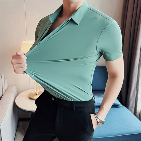 men's dress shirts summer high stretch traceless silky solid color shortsleeved men slim business casual seamless draping shirt streetw, White;black
men's dress shirts summer high stretch traceless silky solid color shortsleeved men slim business casual seamless draping shirt streetw, White;black