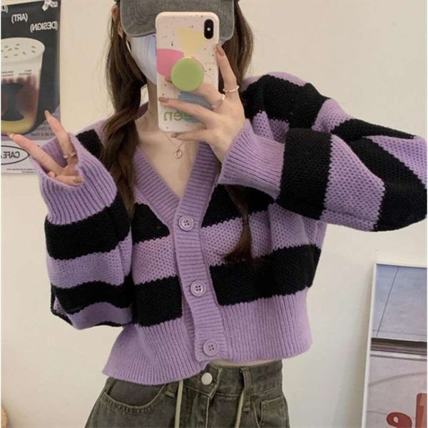 autumn and winter style languid striped cardigan sweater short slim loose for women, White;black
autumn and winter style languid striped cardigan sweater short slim loose for women, White;black