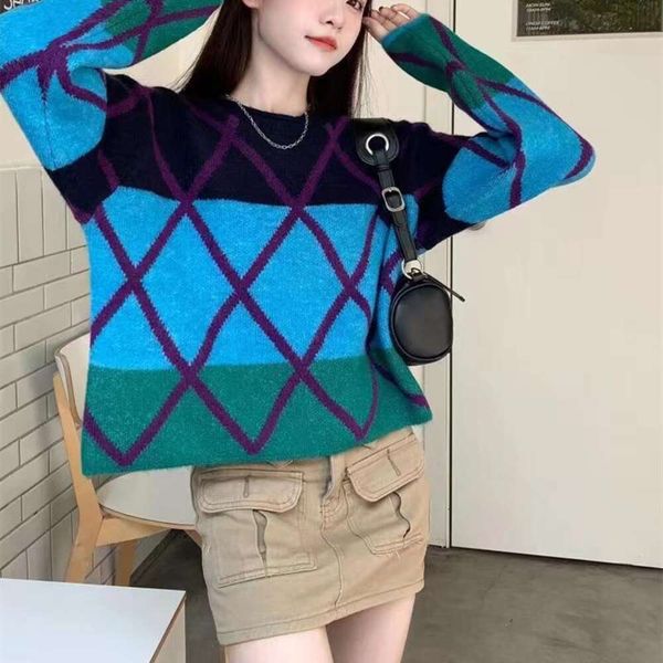autumn korean sweater design sweet color matching round neck contrast rhombus loose versatile pullover for women, White;black
autumn korean sweater design sweet color matching round neck contrast rhombus loose versatile pullover for women, White;black