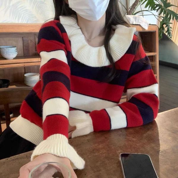 sweet japanese autumn sweaters and winter lace collar good girl blue white red stitching striped sweater for, White;black
sweet japanese autumn sweaters and winter lace collar good girl blue white red stitching striped sweater for, White;black