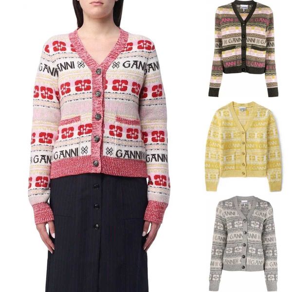 23ss gannis women designer sweater coats classic fashion letter v-neck 100% wool mixed color loose knitted casual cardigan coat, White
23ss gannis women designer sweater coats classic fashion letter v-neck 100% wool mixed color loose knitted casual cardigan coat, White