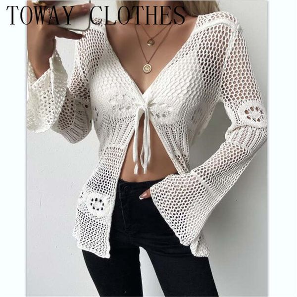 womens knits tees vneck ribknit bell sleeve tie front hollow out cardigan chic sweater for women 230828, White
womens knits tees vneck ribknit bell sleeve tie front hollow out cardigan chic sweater for women 230828, White