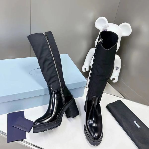 new triangle brushed leather nylon knee boots chunky block heels almond toe slip-on zip booties women's luxury designers fashion shoes, Black
new triangle brushed leather nylon knee boots chunky block heels almond toe slip-on zip booties women's luxury designers fashion shoes, Black