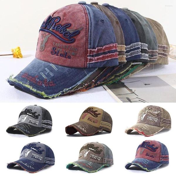 Image of Cycling Caps Outdoor Sports Adjustable WASHED DENIM Baseball Hats Sunscreen Distressed Faded Cap Embroidery