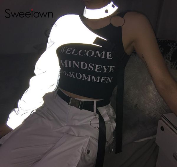sweetown punk gothic reflective crop t shirt with buckle choker collar one shoulder summer for women streetwear y2009905910, White
sweetown punk gothic reflective crop t shirt with buckle choker collar one shoulder summer for women streetwear y2009905910, White
