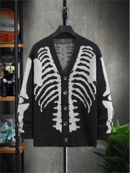 men s sweaters harajuku retro men s skull printed long sleeve cardigan sweater v neck button down coat 230830, White;black 
men s sweaters harajuku retro men s skull printed long sleeve cardigan sweater v neck button down coat 230830, White;black
