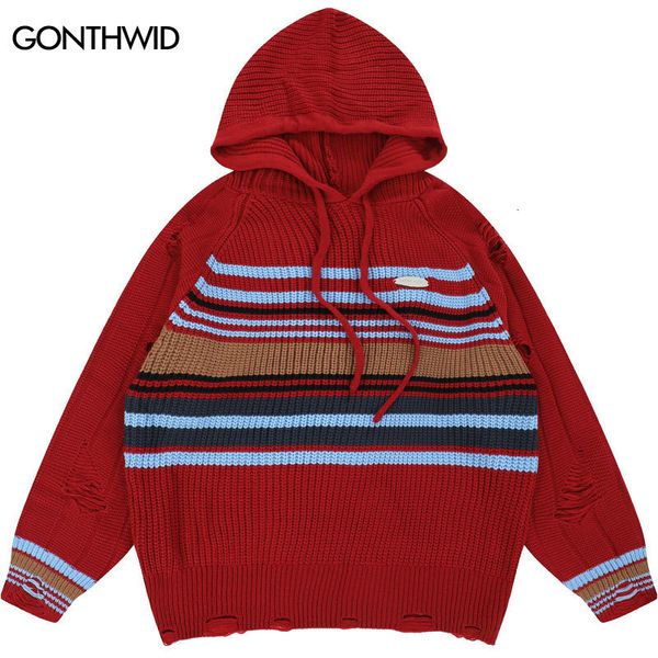 men's sweaters harajuku ripped hooded sweater y2k hip hop knitted holes striped pullover jumper streetwear men fashion punk loose sweat, White;black
men's sweaters harajuku ripped hooded sweater y2k hip hop knitted holes striped pullover jumper streetwear men fashion punk loose sweat, White;black