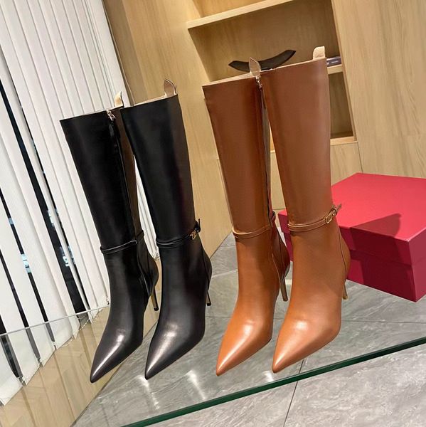 new stiletto heels tall boots cowskin side zip pointed toe buckle knee-high boots luxury designers shoe for women leather outsole factory fo, Black
new stiletto heels tall boots cowskin side zip pointed toe buckle knee-high boots luxury designers shoe for women leather outsole factory fo, Black