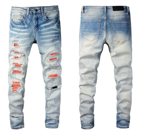 men039s jeans high street blue gradient knee ripped orange patch pants light blue slim skinny trousers4084546
men039s jeans high street blue gradient knee ripped orange patch pants light blue slim skinny trousers4084546