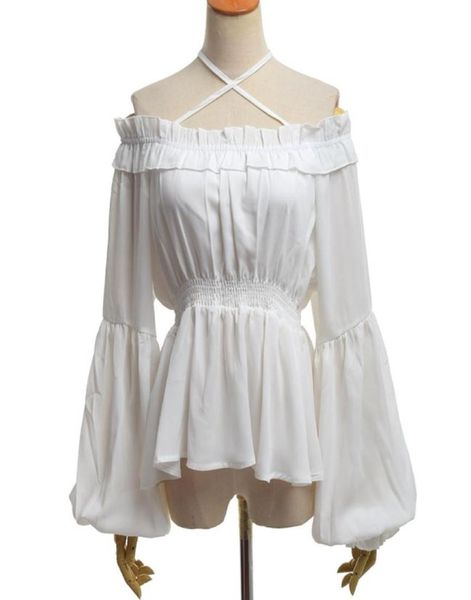 women vintage lolita blouse high waist long sleeve boat neck halterneck flounce chiffon shirt 188768, White
women vintage lolita blouse high waist long sleeve boat neck halterneck flounce chiffon shirt 188768, White