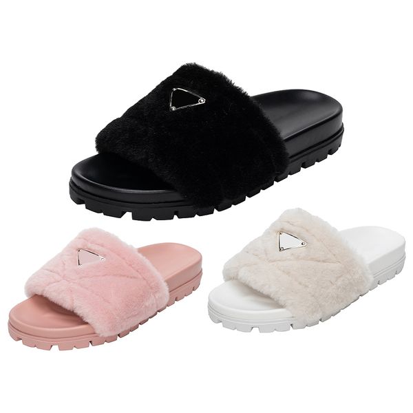

Autumn and Winter Designer Triangle Logo Fur Slippers Luxury fuzzy Slides Home Furry Flat Sandals prad Female Cute Fluffy flip flop slippers for women size 36-42, Black